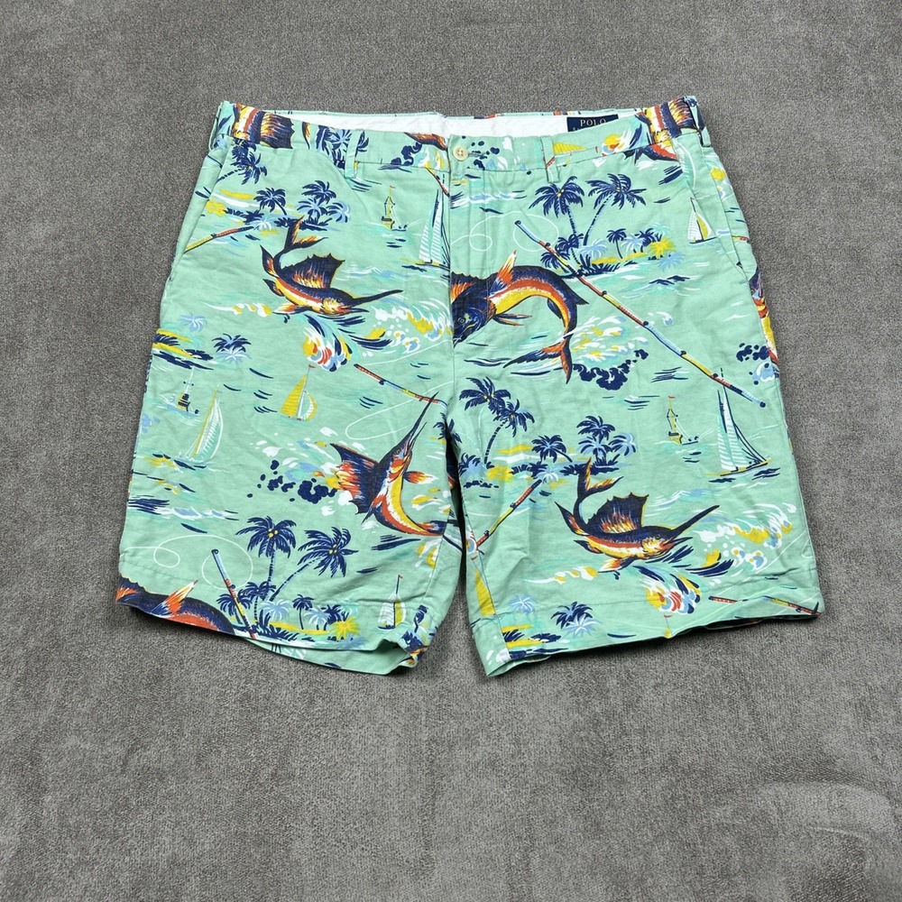 Polo Ralph Lauren Shorts Mens 38 x 9" Linen Blend AOP Sailboats Fish Beach Chino